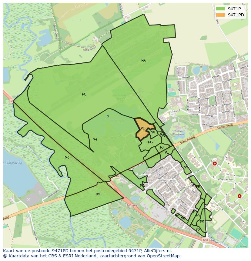 Afbeelding van het postcodegebied 9471 PD op de kaart.