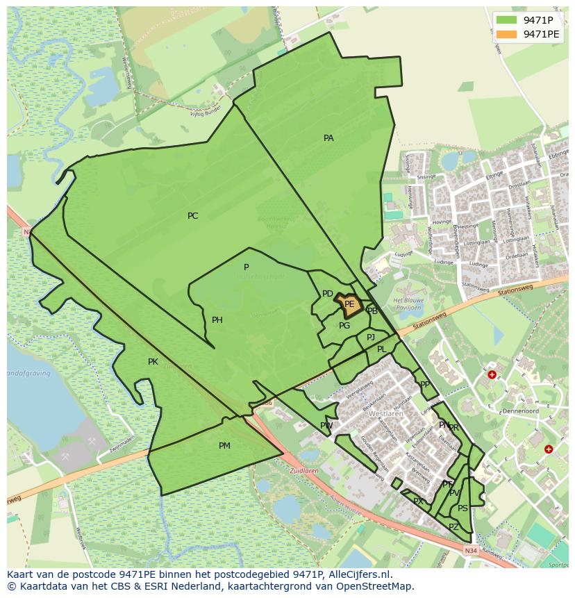 Afbeelding van het postcodegebied 9471 PE op de kaart.