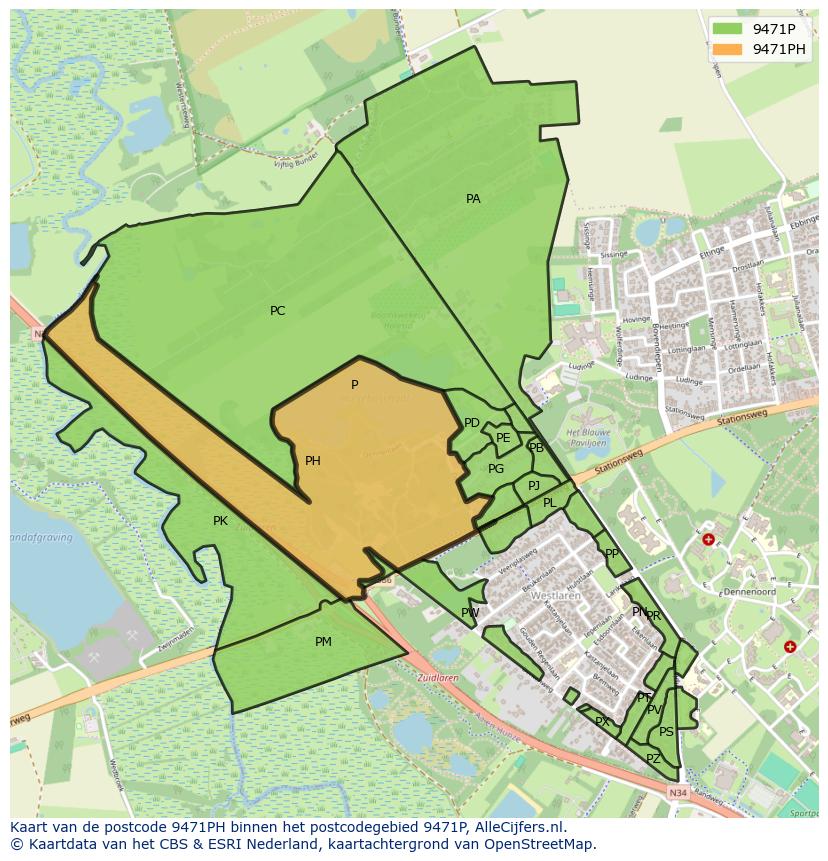 Afbeelding van het postcodegebied 9471 PH op de kaart.