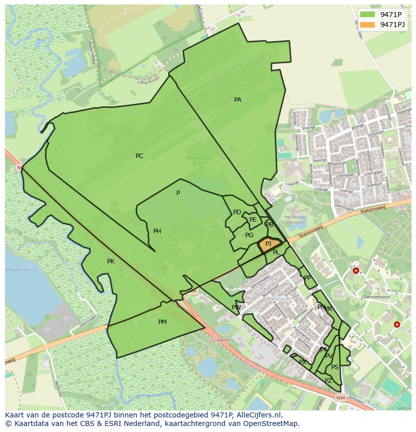 Afbeelding van het postcodegebied 9471 PJ op de kaart.