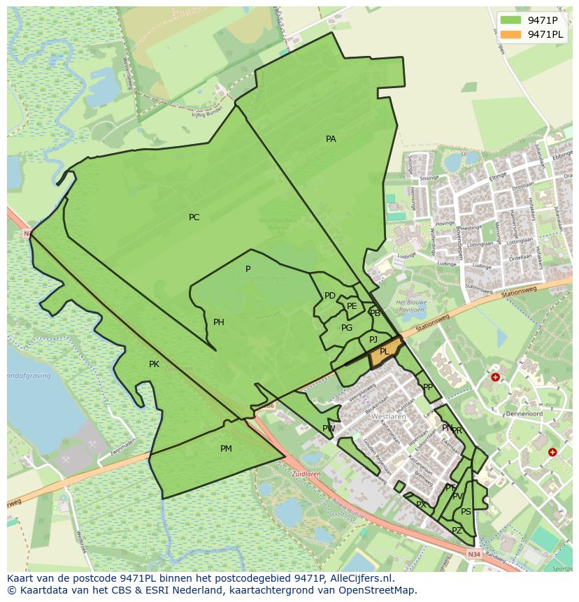 Afbeelding van het postcodegebied 9471 PL op de kaart.
