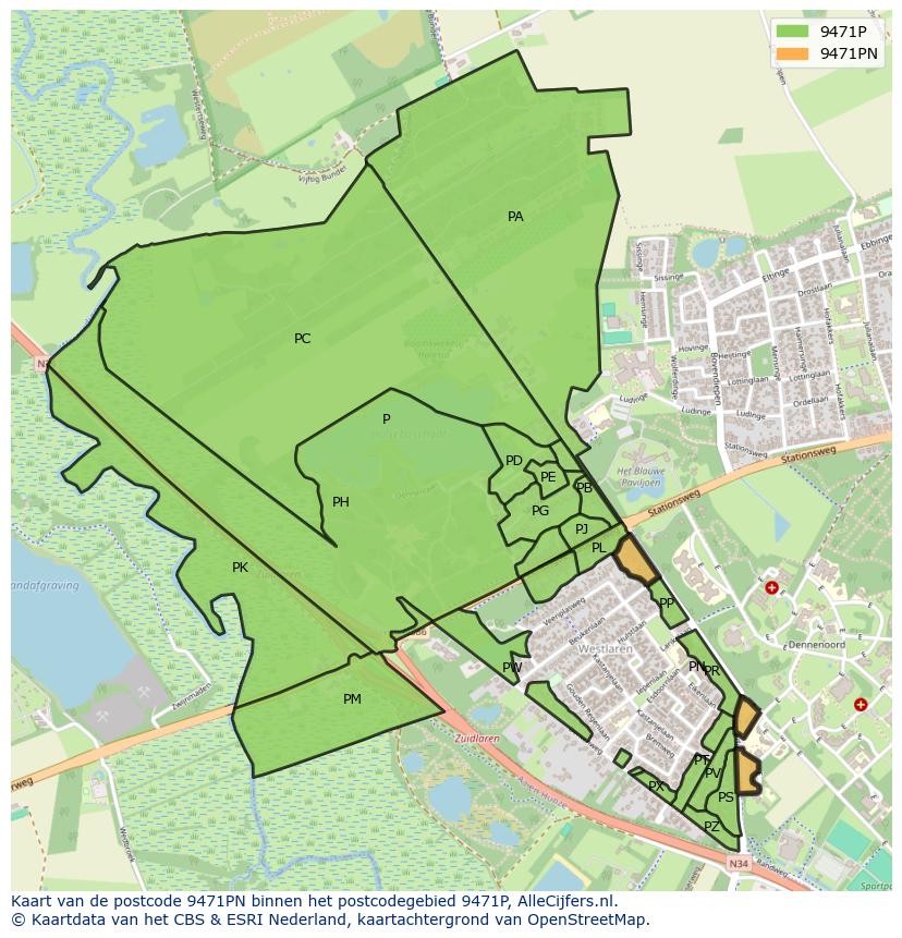 Afbeelding van het postcodegebied 9471 PN op de kaart.