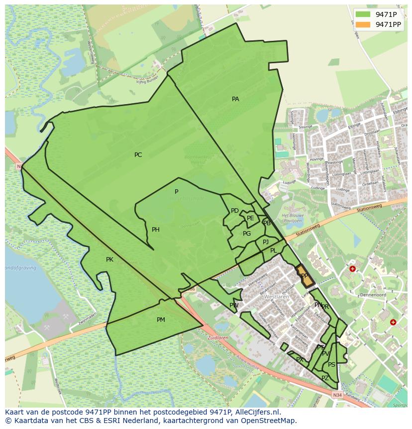 Afbeelding van het postcodegebied 9471 PP op de kaart.
