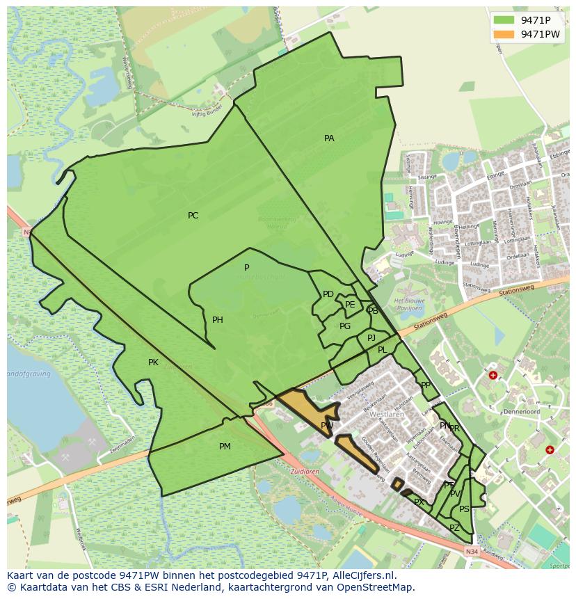 Afbeelding van het postcodegebied 9471 PW op de kaart.