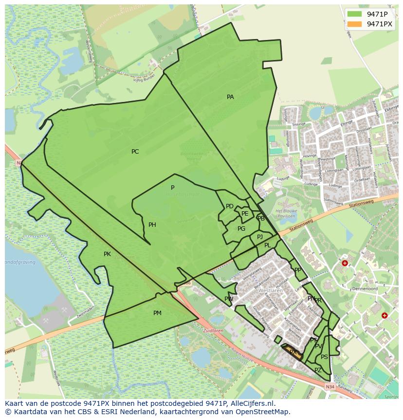 Afbeelding van het postcodegebied 9471 PX op de kaart.