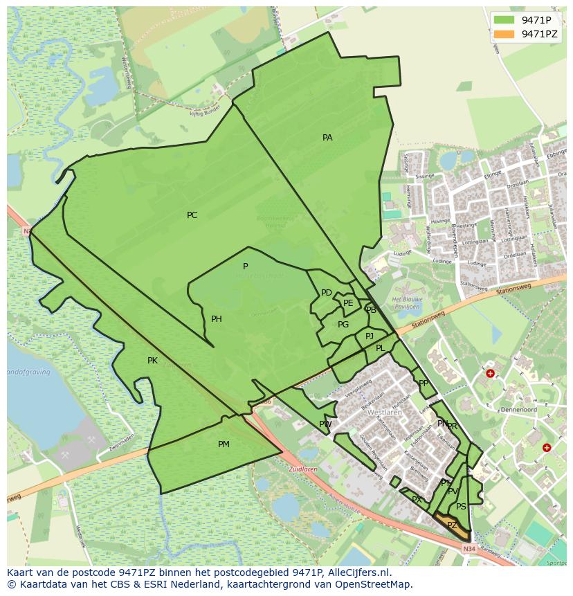 Afbeelding van het postcodegebied 9471 PZ op de kaart.
