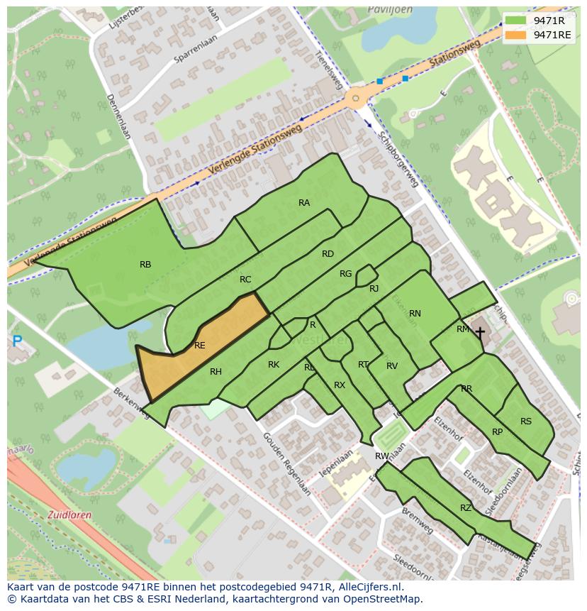 Afbeelding van het postcodegebied 9471 RE op de kaart.