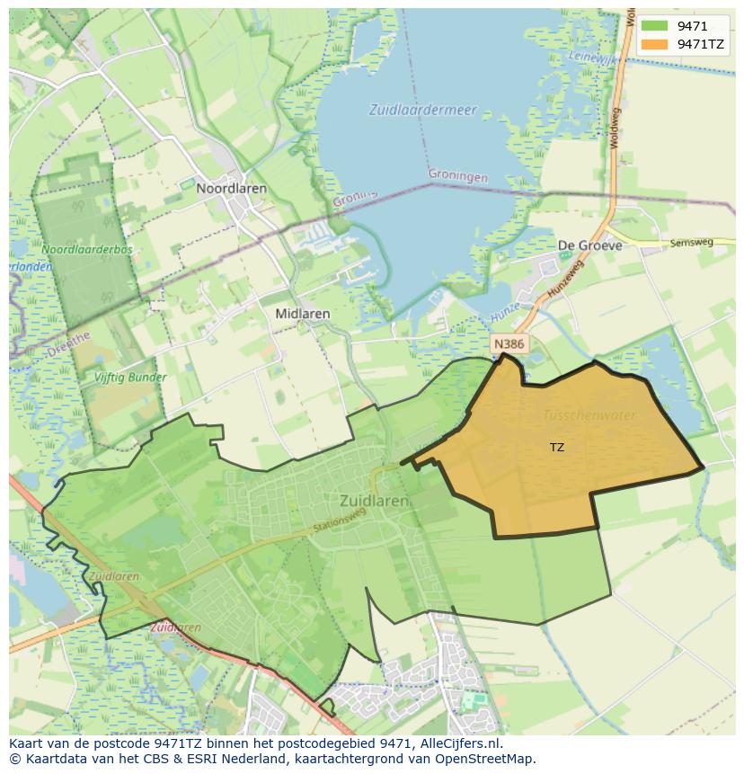 Afbeelding van het postcodegebied 9471 TZ op de kaart.
