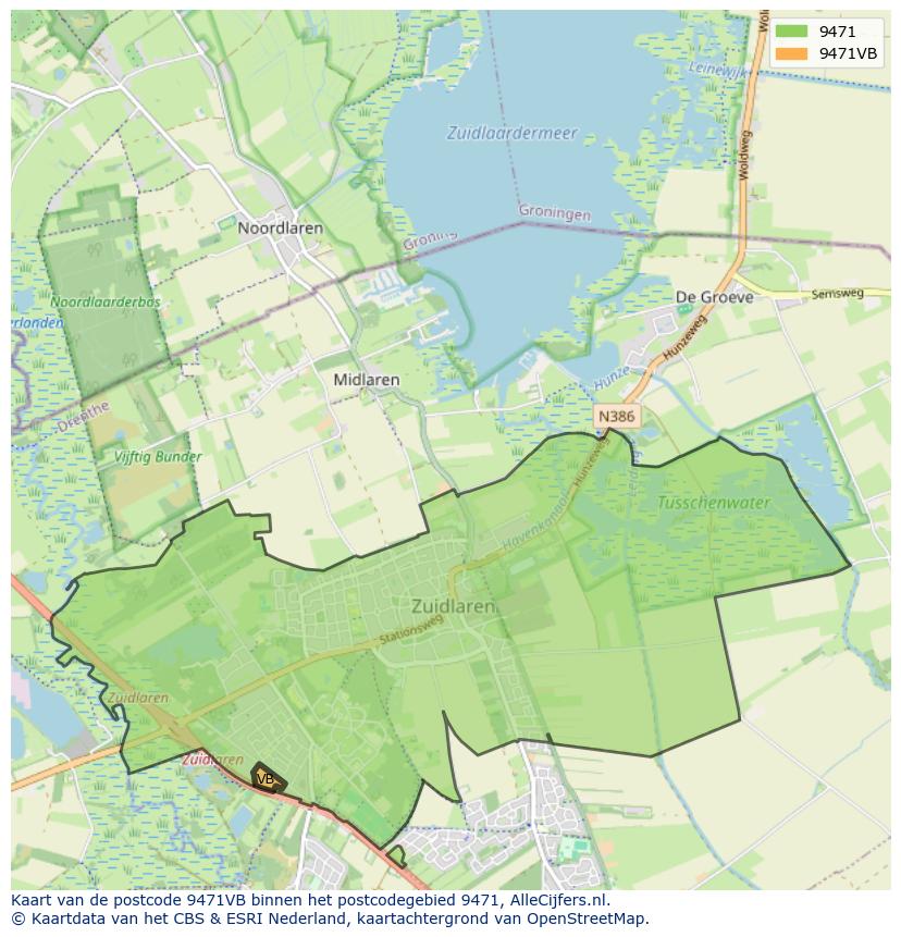 Afbeelding van het postcodegebied 9471 VB op de kaart.
