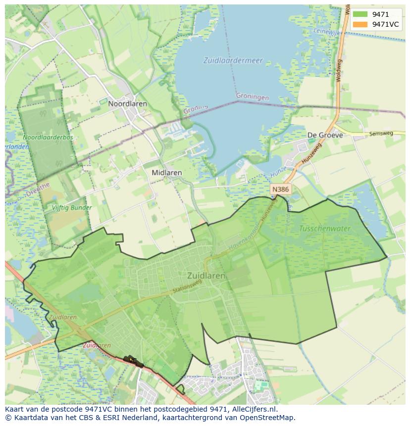 Afbeelding van het postcodegebied 9471 VC op de kaart.