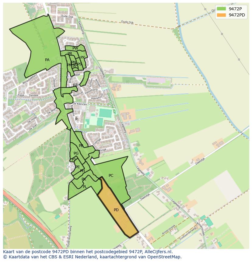 Afbeelding van het postcodegebied 9472 PD op de kaart.