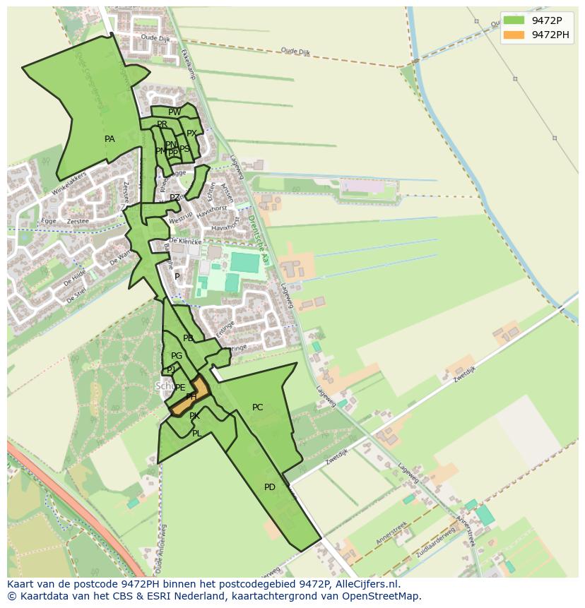 Afbeelding van het postcodegebied 9472 PH op de kaart.