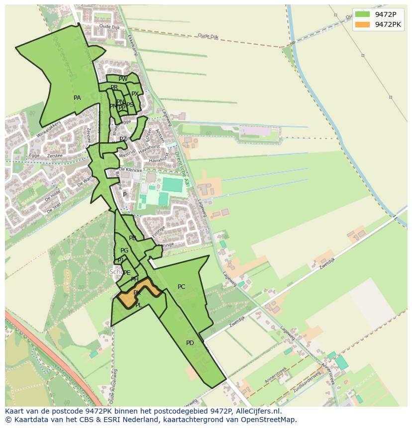 Afbeelding van het postcodegebied 9472 PK op de kaart.