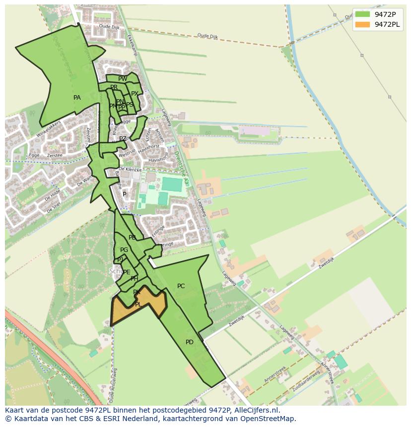 Afbeelding van het postcodegebied 9472 PL op de kaart.