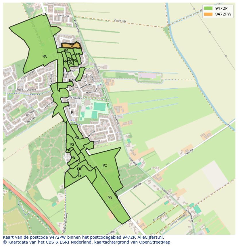 Afbeelding van het postcodegebied 9472 PW op de kaart.