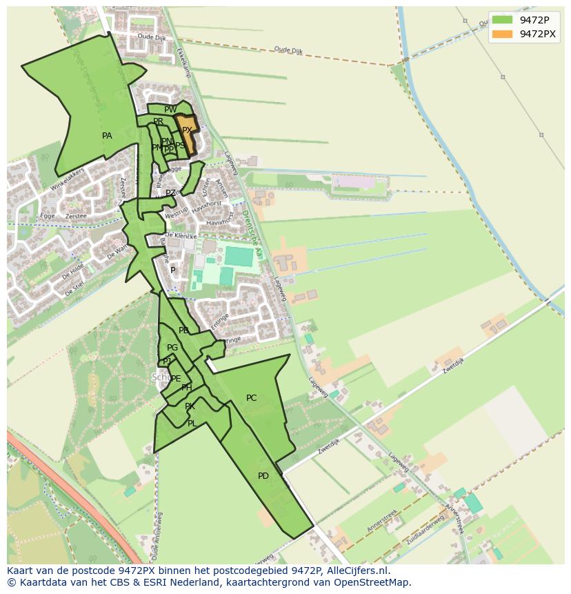 Afbeelding van het postcodegebied 9472 PX op de kaart.