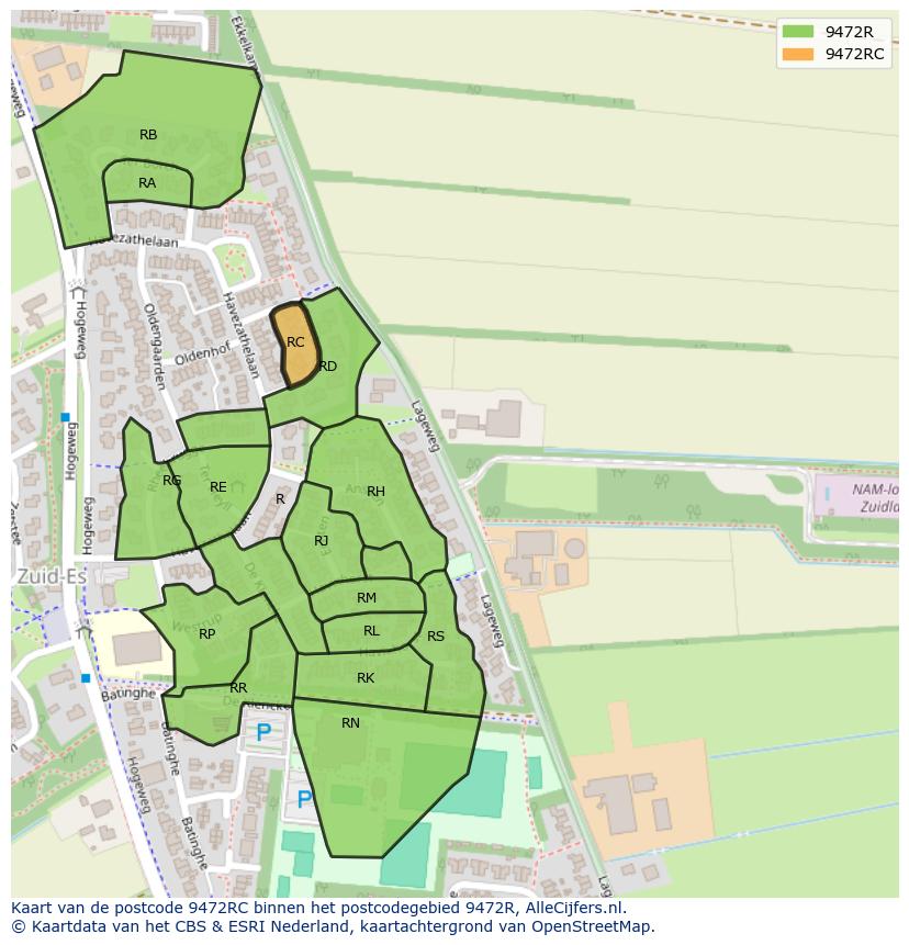 Afbeelding van het postcodegebied 9472 RC op de kaart.