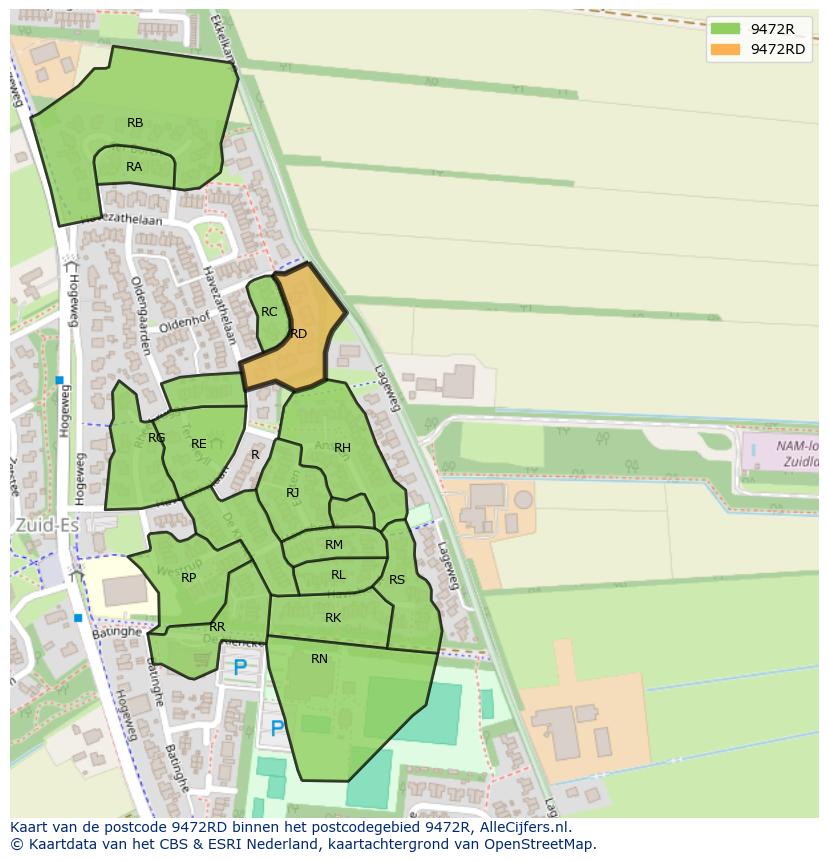 Afbeelding van het postcodegebied 9472 RD op de kaart.