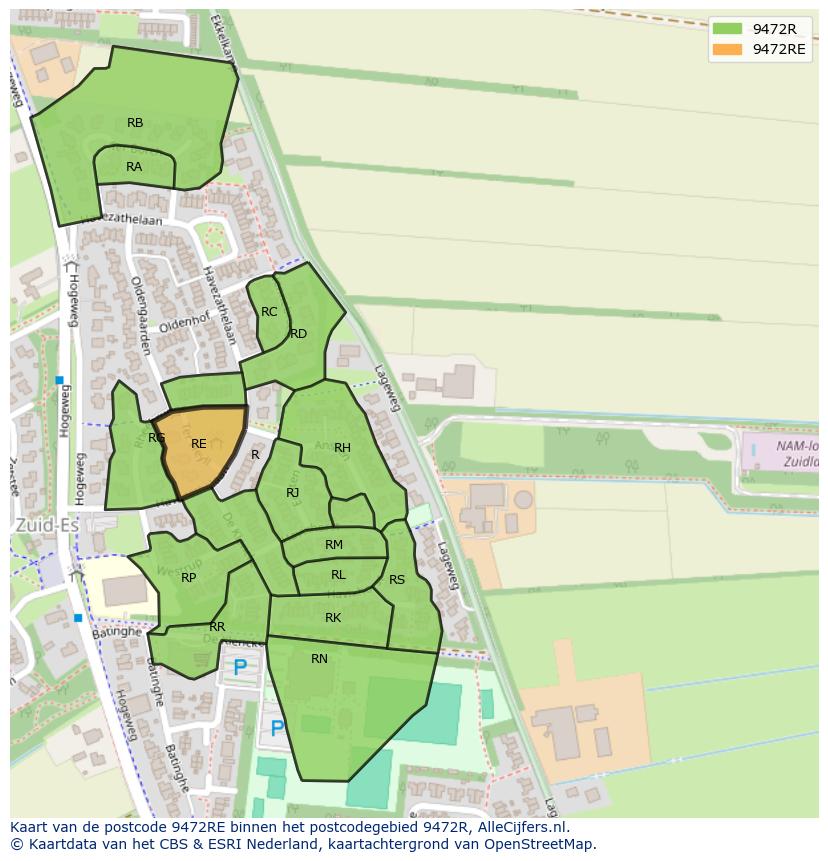 Afbeelding van het postcodegebied 9472 RE op de kaart.