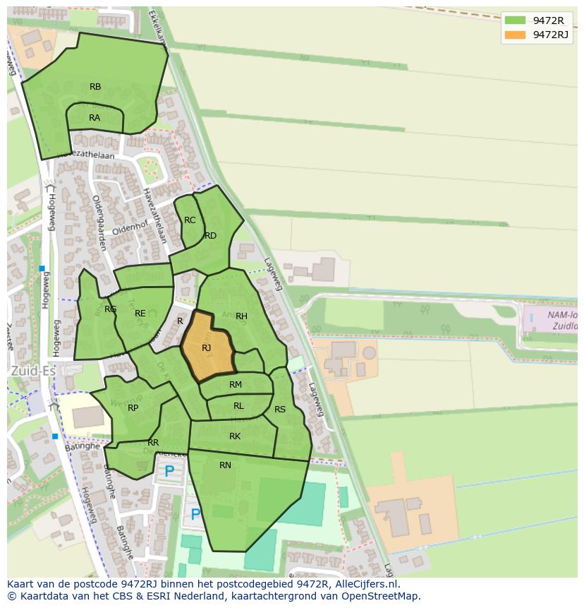 Afbeelding van het postcodegebied 9472 RJ op de kaart.