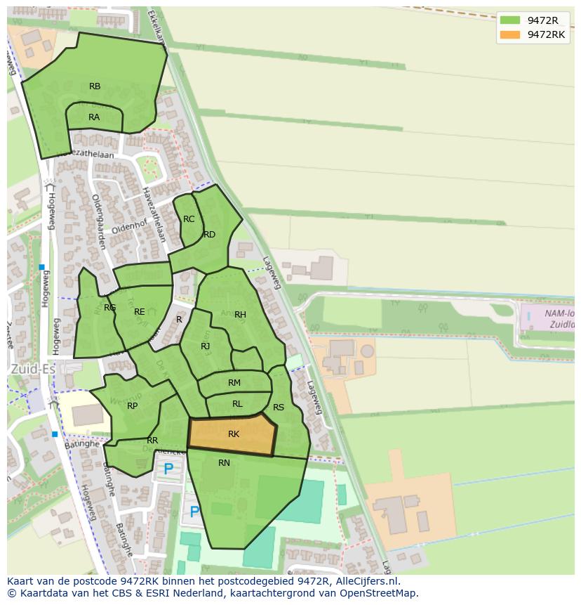 Afbeelding van het postcodegebied 9472 RK op de kaart.
