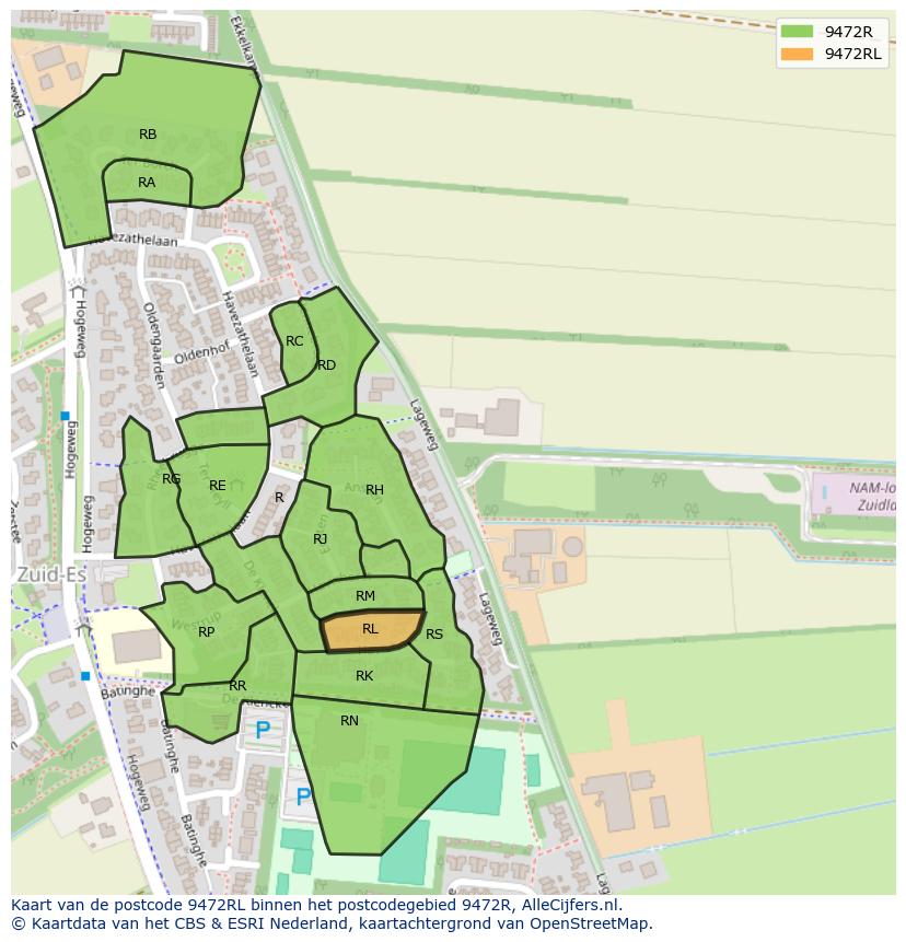 Afbeelding van het postcodegebied 9472 RL op de kaart.