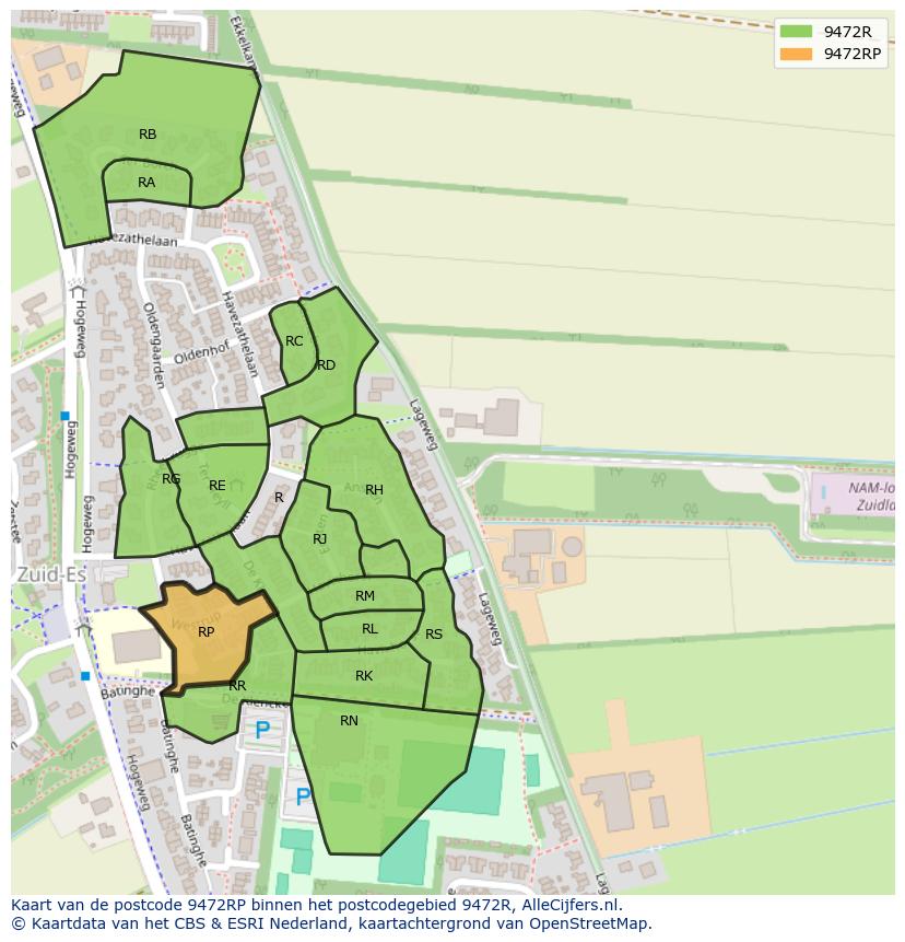 Afbeelding van het postcodegebied 9472 RP op de kaart.