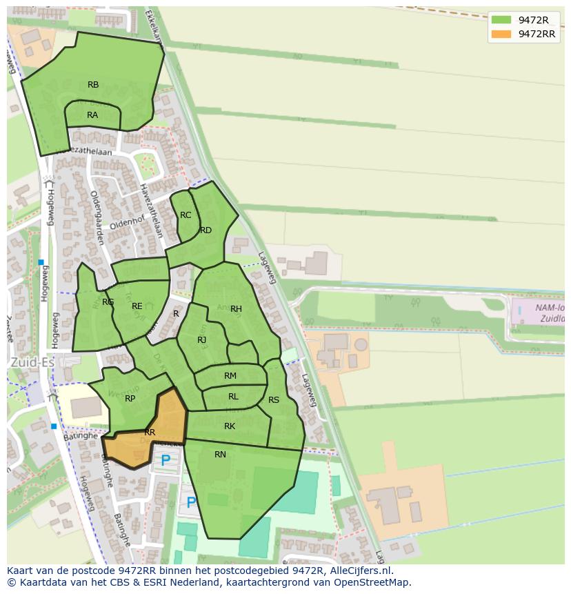 Afbeelding van het postcodegebied 9472 RR op de kaart.