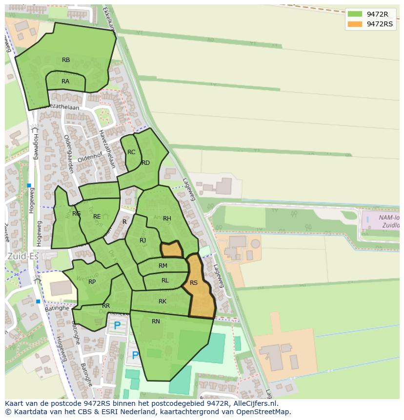 Afbeelding van het postcodegebied 9472 RS op de kaart.
