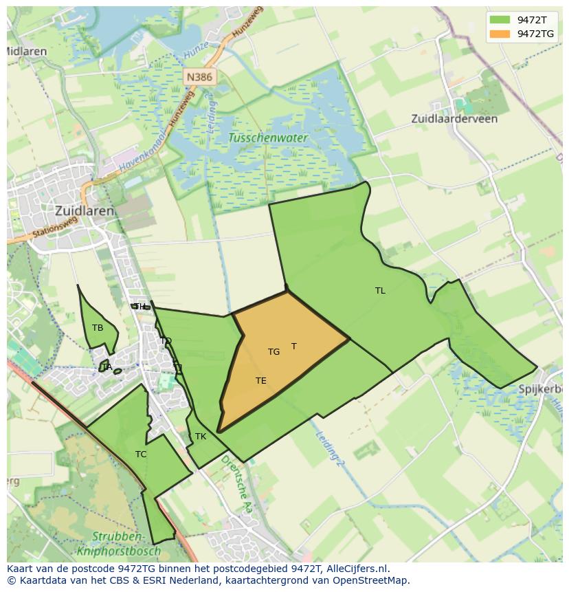 Afbeelding van het postcodegebied 9472 TG op de kaart.