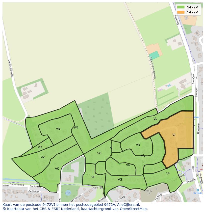 Afbeelding van het postcodegebied 9472 VJ op de kaart.