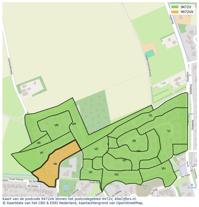 Afbeelding van het postcodegebied 9472 VK op de kaart.