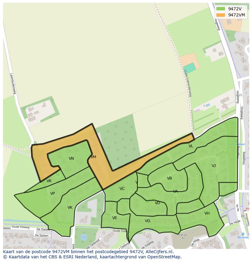 Afbeelding van het postcodegebied 9472 VM op de kaart.