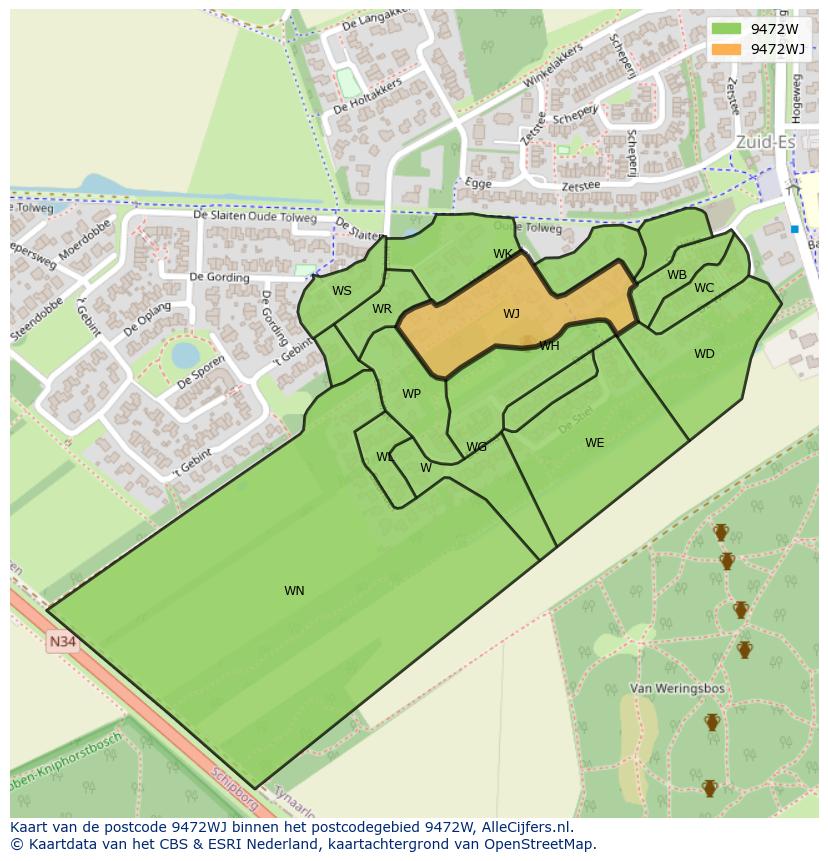 Afbeelding van het postcodegebied 9472 WJ op de kaart.