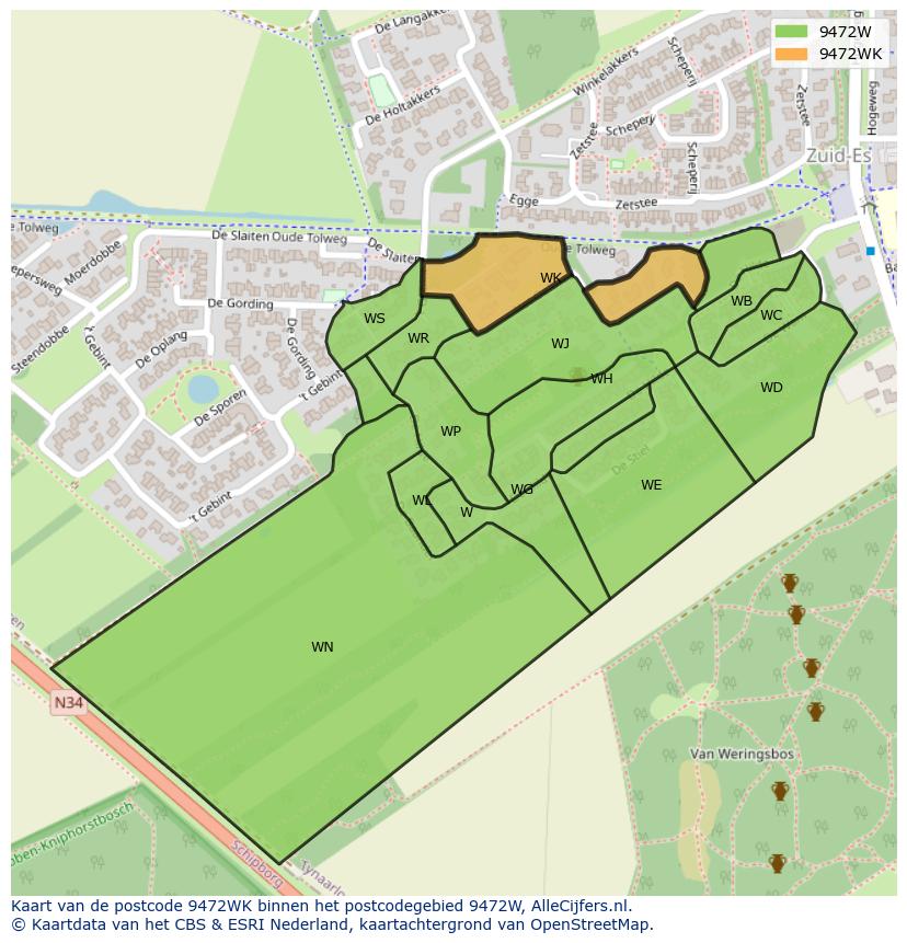 Afbeelding van het postcodegebied 9472 WK op de kaart.