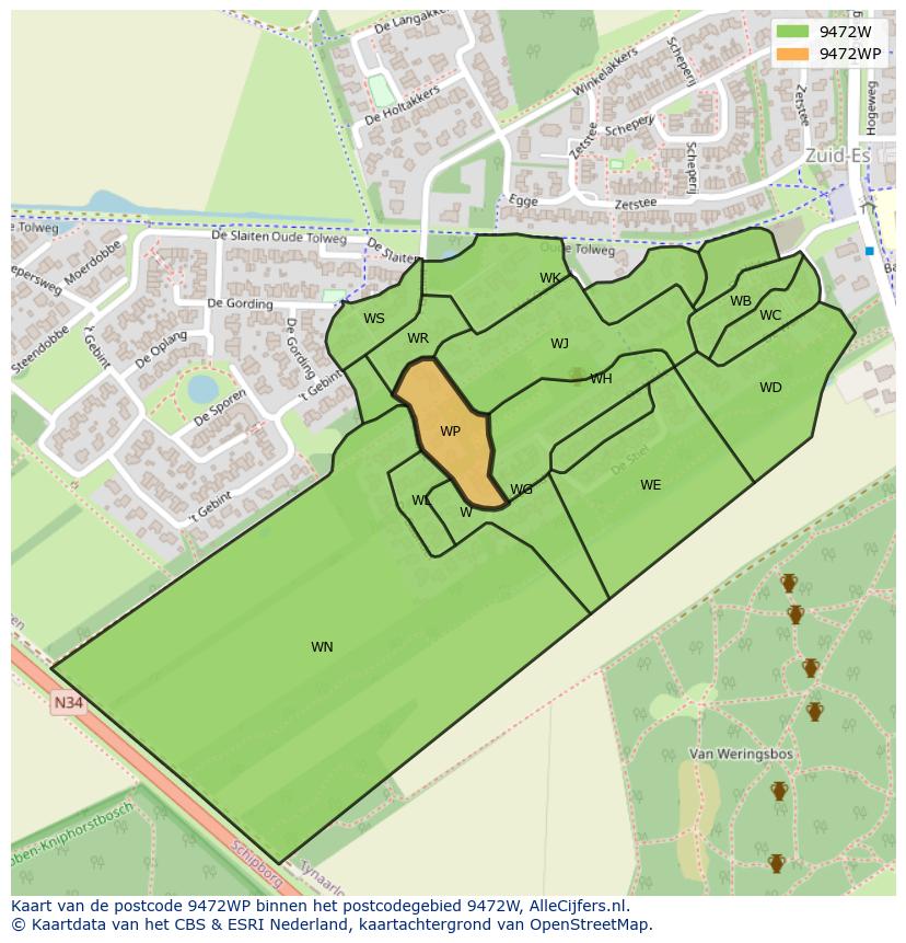 Afbeelding van het postcodegebied 9472 WP op de kaart.