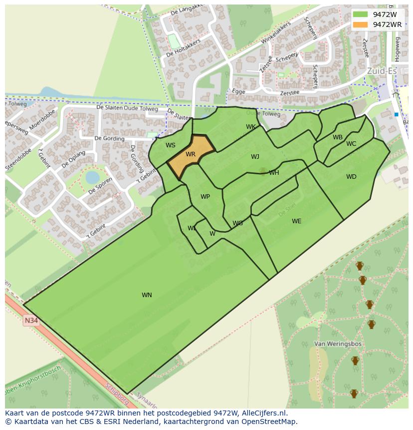 Afbeelding van het postcodegebied 9472 WR op de kaart.