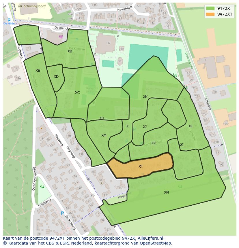 Afbeelding van het postcodegebied 9472 XT op de kaart.