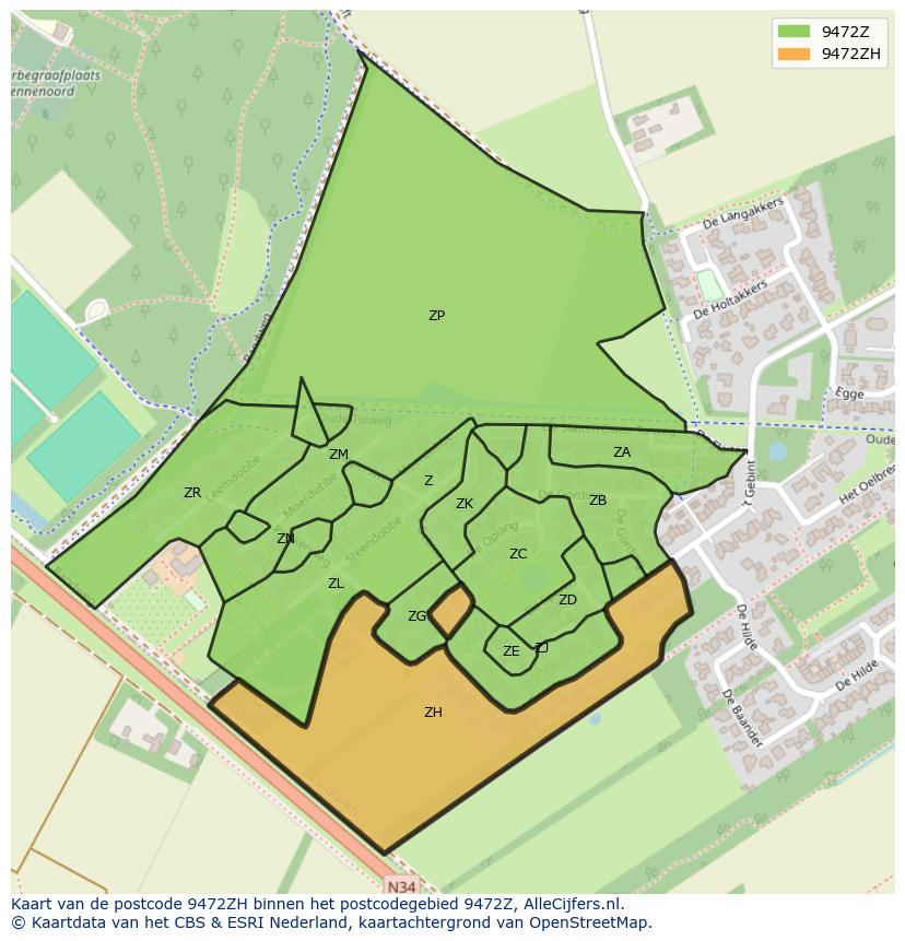 Afbeelding van het postcodegebied 9472 ZH op de kaart.