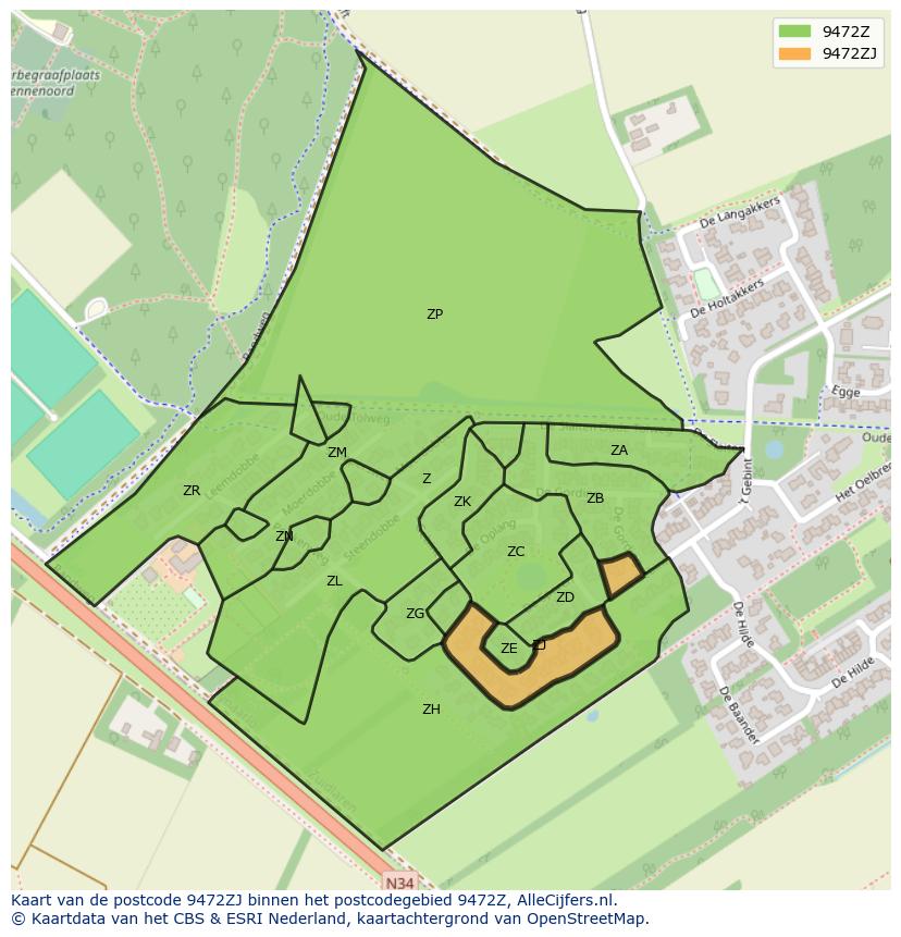Afbeelding van het postcodegebied 9472 ZJ op de kaart.