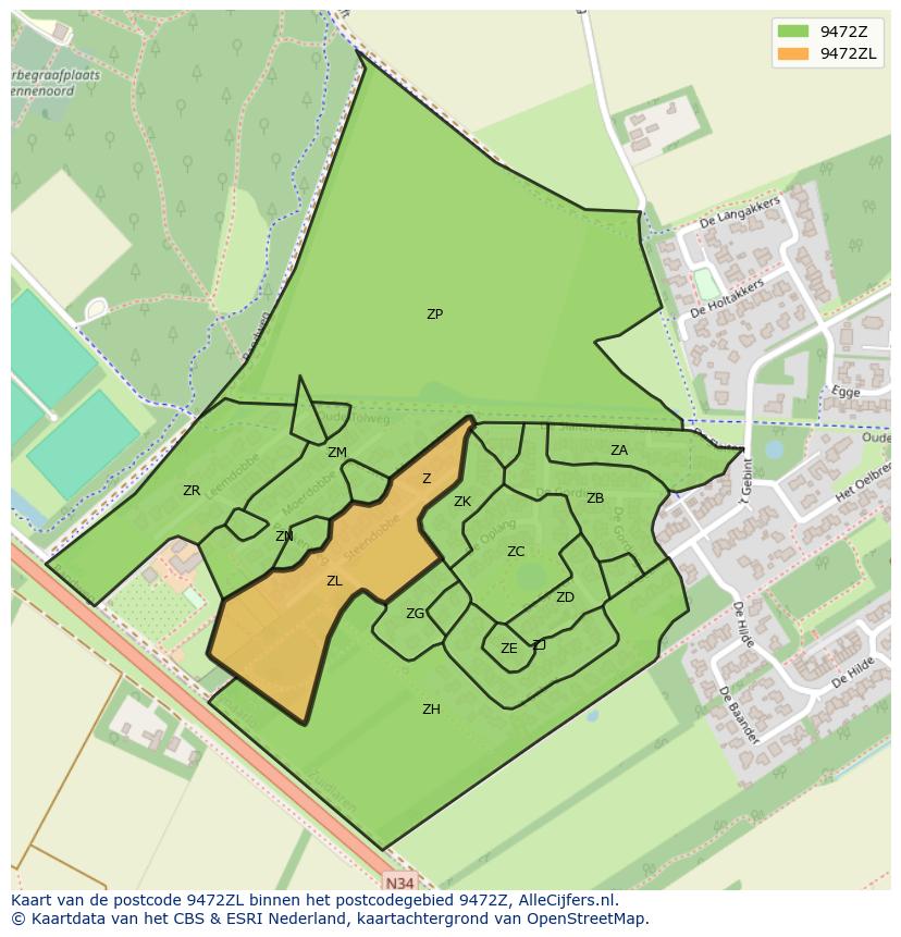 Afbeelding van het postcodegebied 9472 ZL op de kaart.