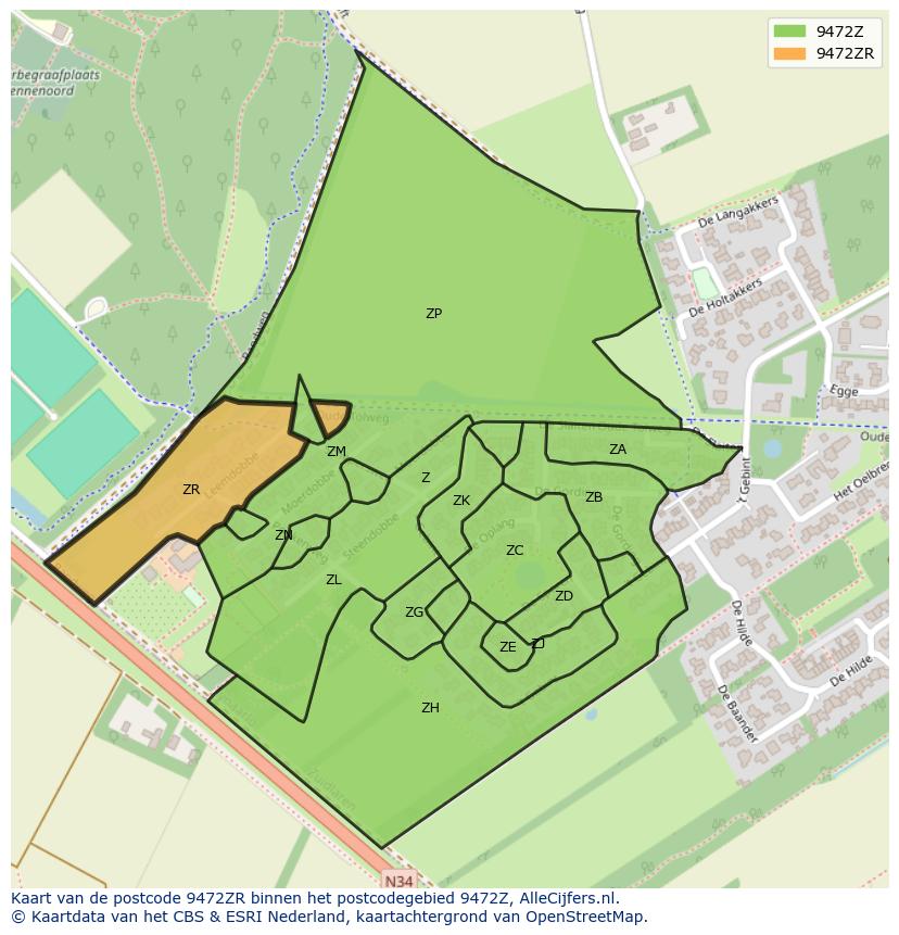 Afbeelding van het postcodegebied 9472 ZR op de kaart.