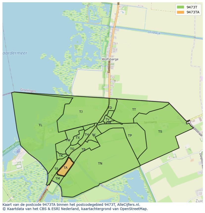 Afbeelding van het postcodegebied 9473 TA op de kaart.