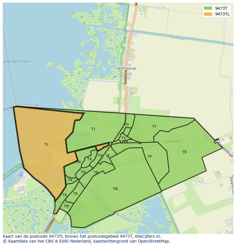 Afbeelding van het postcodegebied 9473 TL op de kaart.