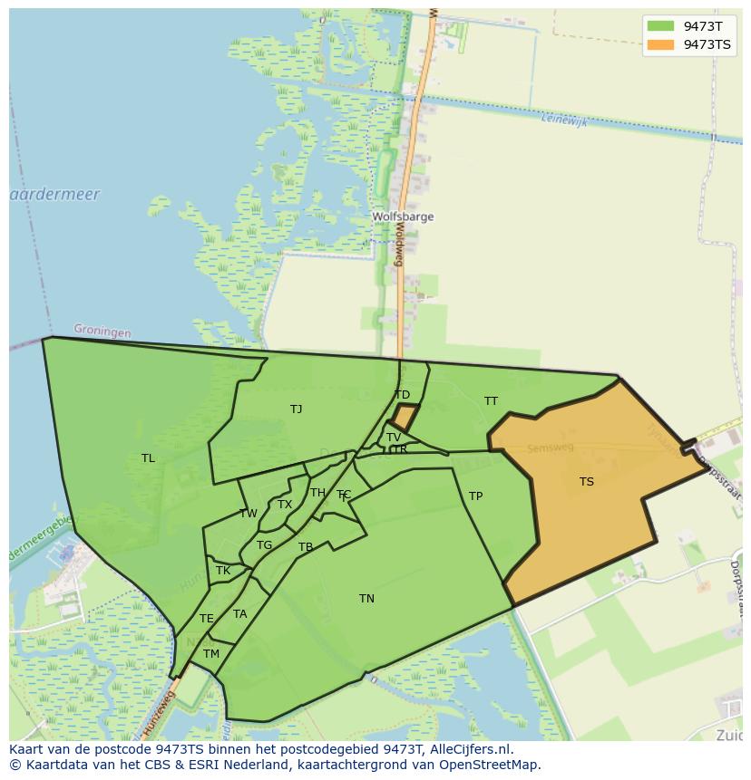 Afbeelding van het postcodegebied 9473 TS op de kaart.