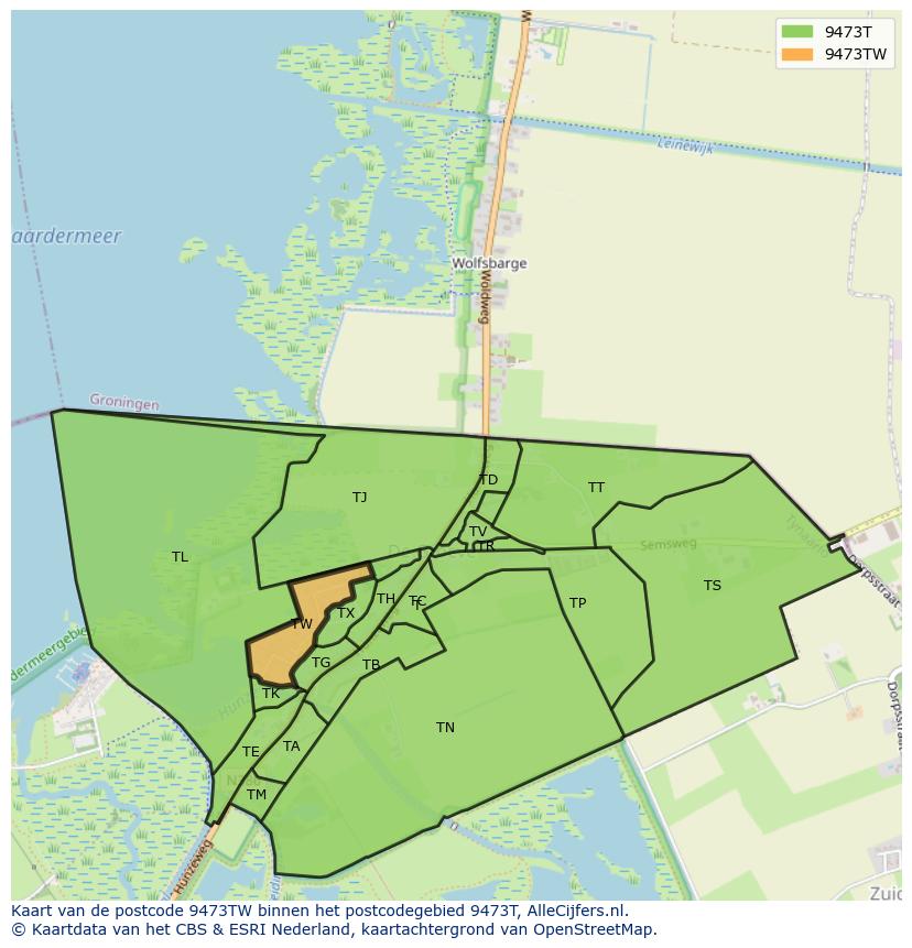 Afbeelding van het postcodegebied 9473 TW op de kaart.