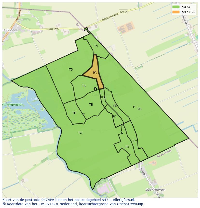 Afbeelding van het postcodegebied 9474 PA op de kaart.