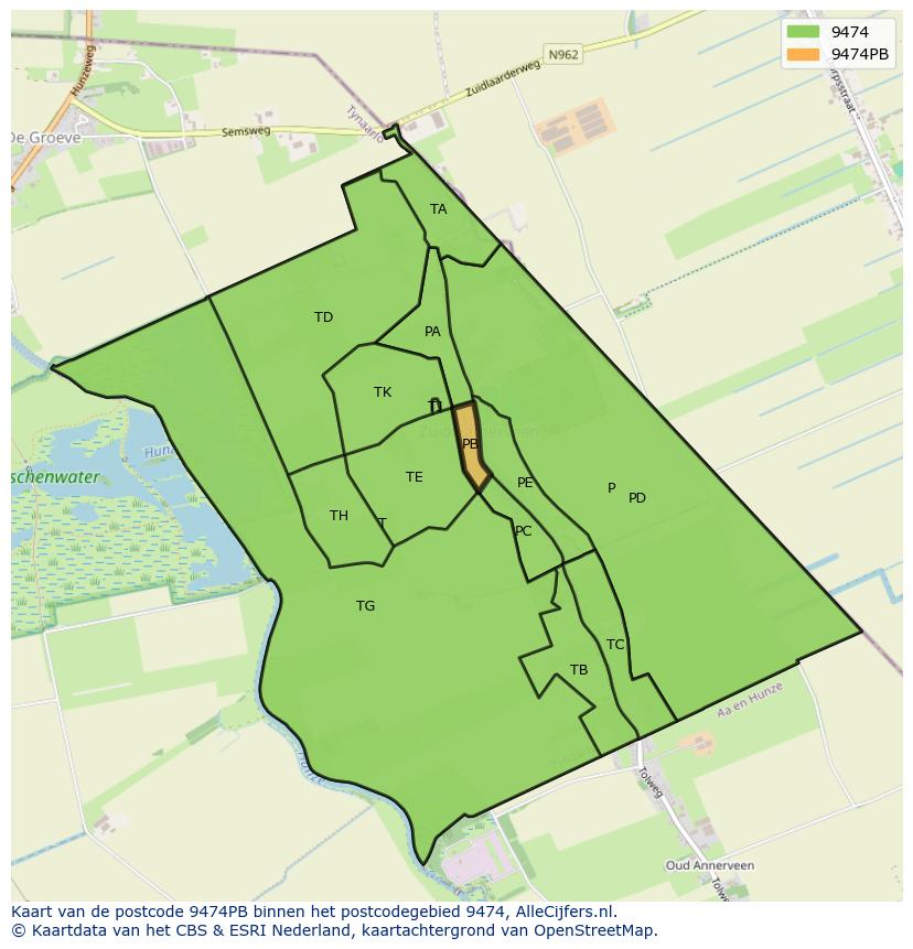 Afbeelding van het postcodegebied 9474 PB op de kaart.