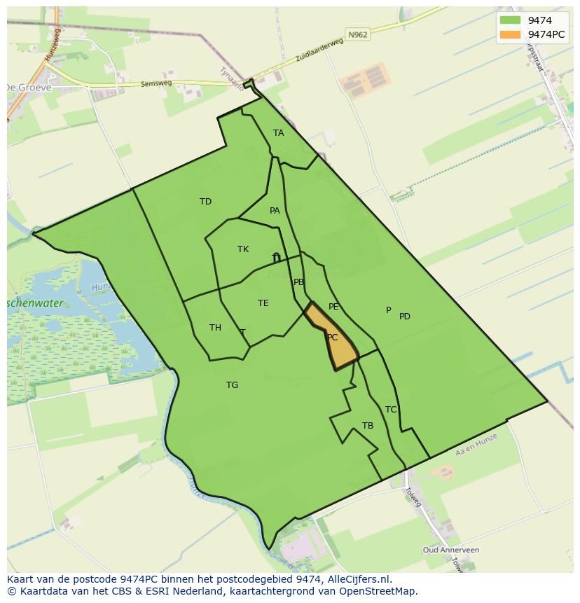 Afbeelding van het postcodegebied 9474 PC op de kaart.