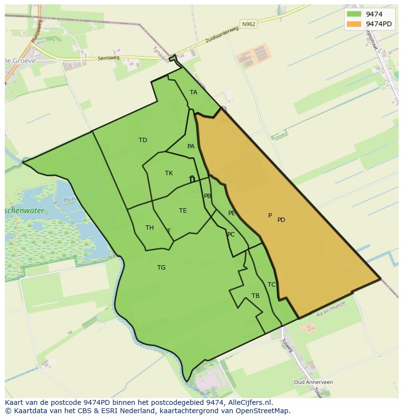Afbeelding van het postcodegebied 9474 PD op de kaart.